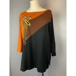 Vintage Bob Mackie Sweater Color Block Anthropomorphic Leopard Cat Lady LG